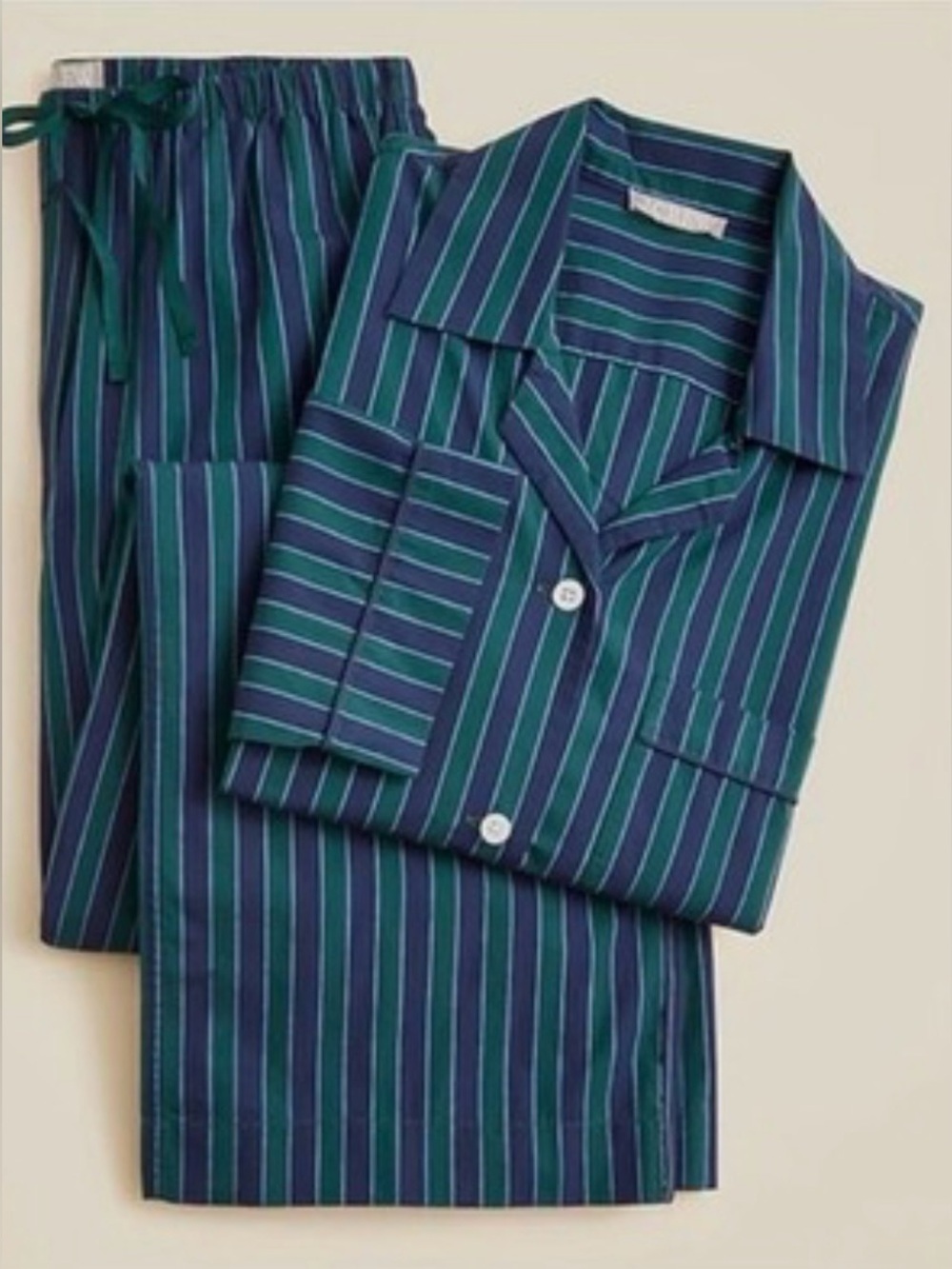 J.Crew Cotton Poplin Long-Sleeve Pajama Pant Set 
Navy/Green Stripes. Men’s XS